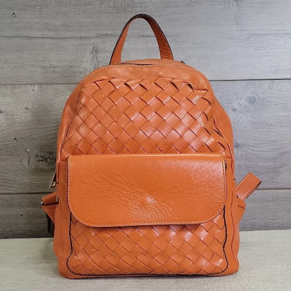 Anna Paola Orange Woven Leather Backpack Shoulder Bag